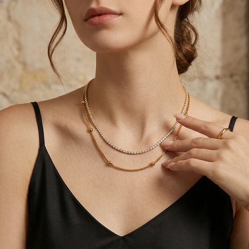 Dual Strand Rhinestone Layered Necklace - SEIYI