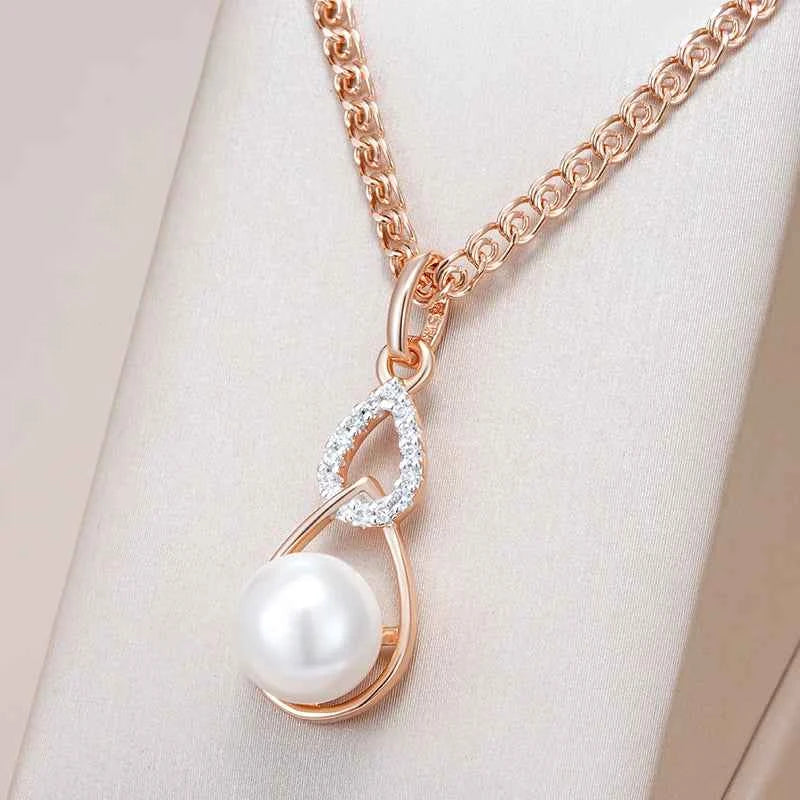 Rose Gold Pearl & Zircon Teardrop Pendant Necklace