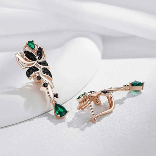 Rose Gold Green & Black Zircon Floral Drop Earrings