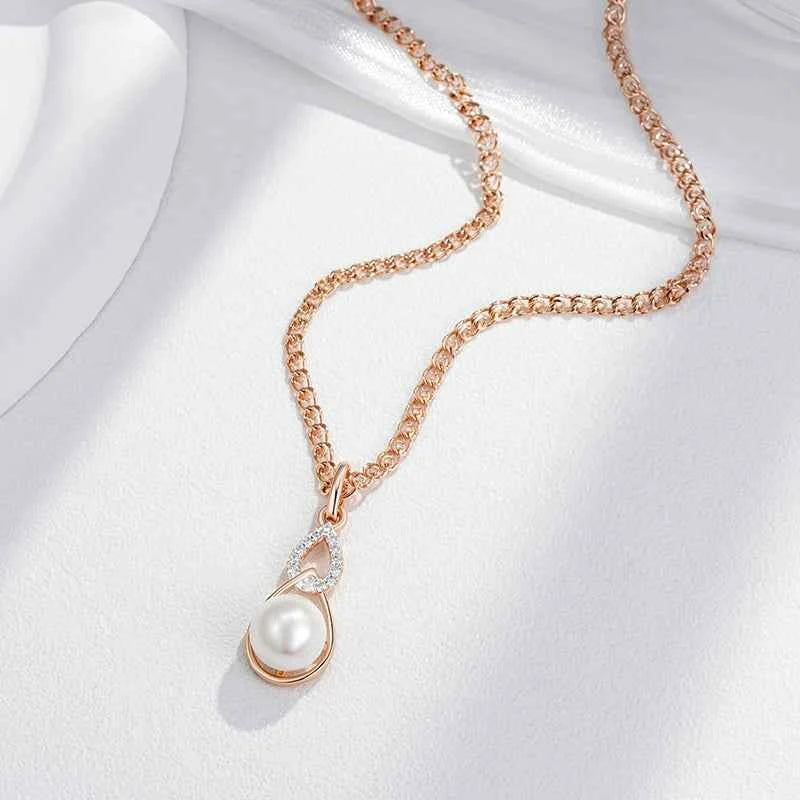 Rose Gold Pearl & Zircon Teardrop Pendant Necklace