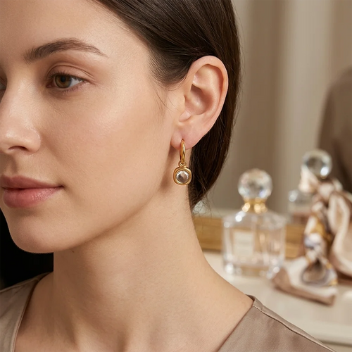 Bezel CZ Drop Hoop Earrings - SEIYI