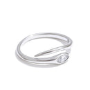 Silver marquise stone snake ring on white background, open adjustable band in three-quarter angle, bezel-set marquise-cut stone at snake head, tapered tail end and open gap visible, cool light with soft shadow
