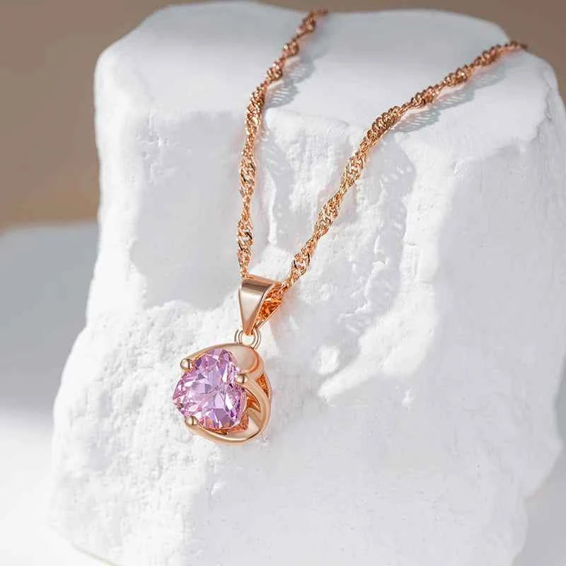 Rose Gold Pink Heart Zircon Pendant Necklace