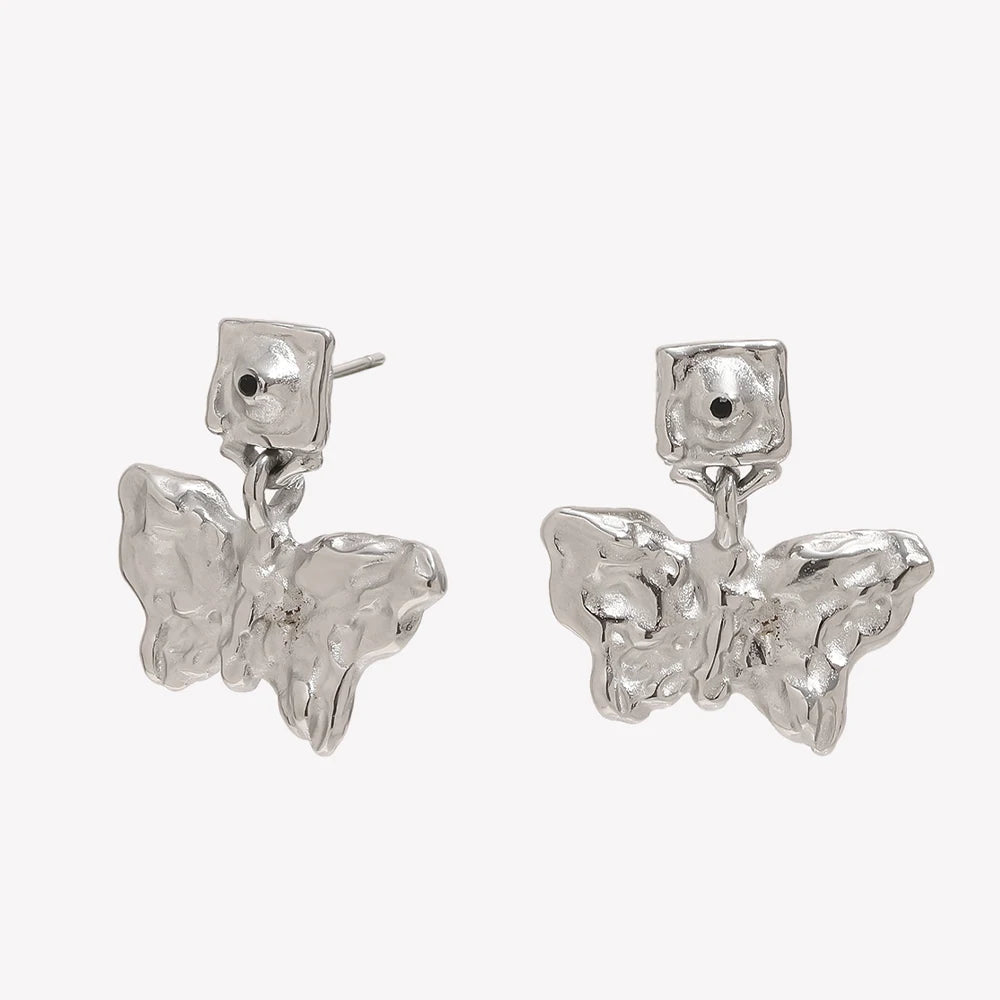 Hammered Butterfly Drop Stud Earrings - SEIYI