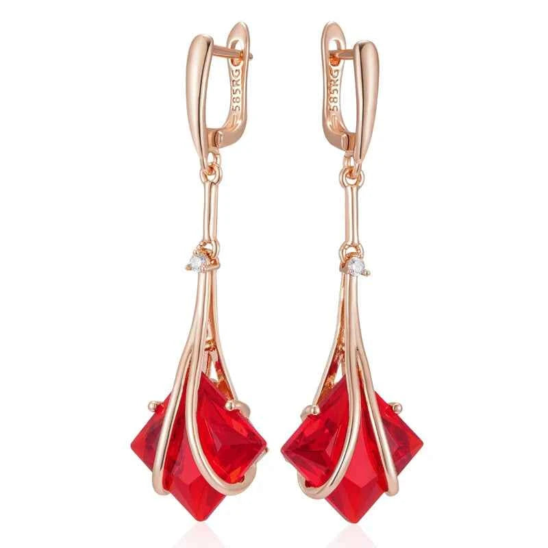 Rose Gold Red Zircon Geometric Long Drop Earrings