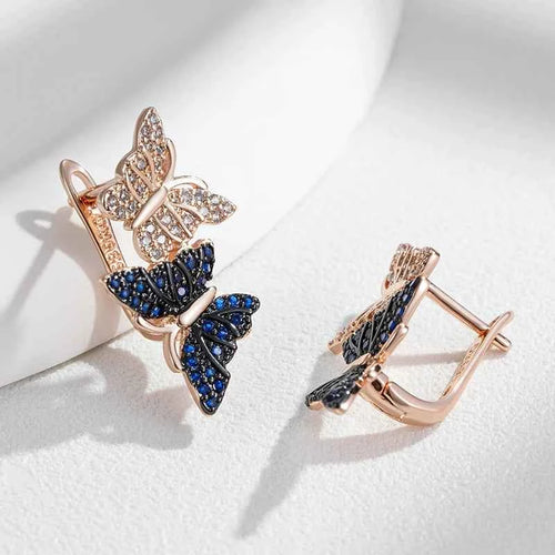 Rose Gold Blue & Clear Zircon Butterfly Drop Earrings