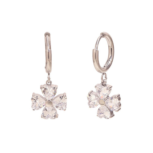 Four-Leaf Heart Crystal Hoop Drop Earrings - SEIYI