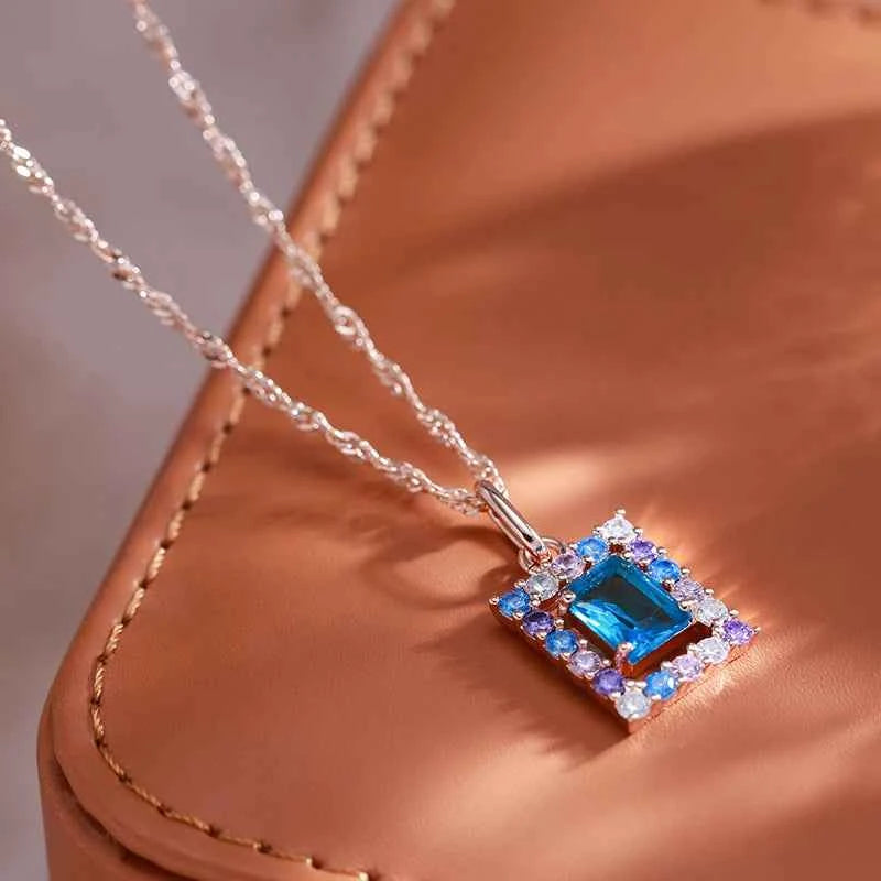 Rose Gold Multi-Color Square Zircon Pendant Necklace
