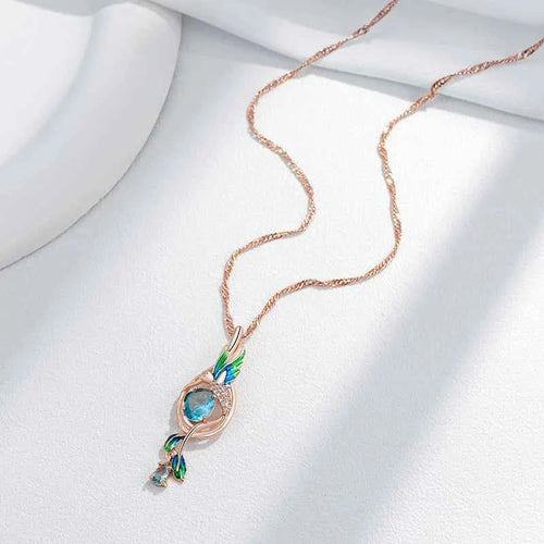 Peacock Enamel & Blue Zircon Pendant Necklace