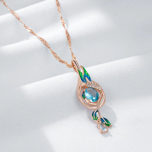 Peacock Enamel & Blue Zircon Pendant Necklace - SEIYI