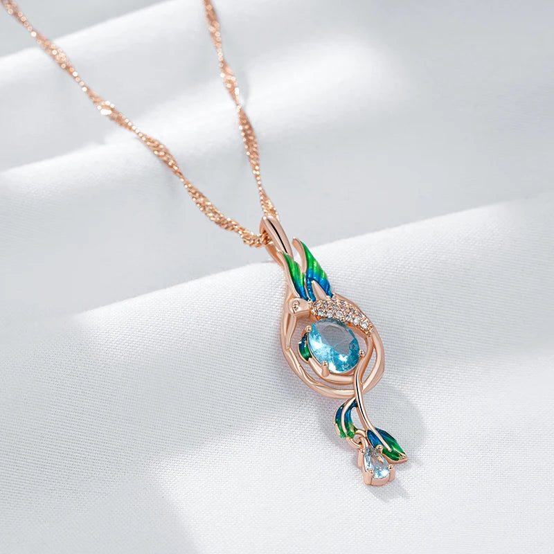 Peacock Enamel & Blue Zircon Pendant Necklace - SEIYI
