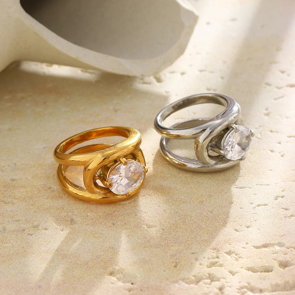 Double Band Oval Crystal Ring - SEIYI