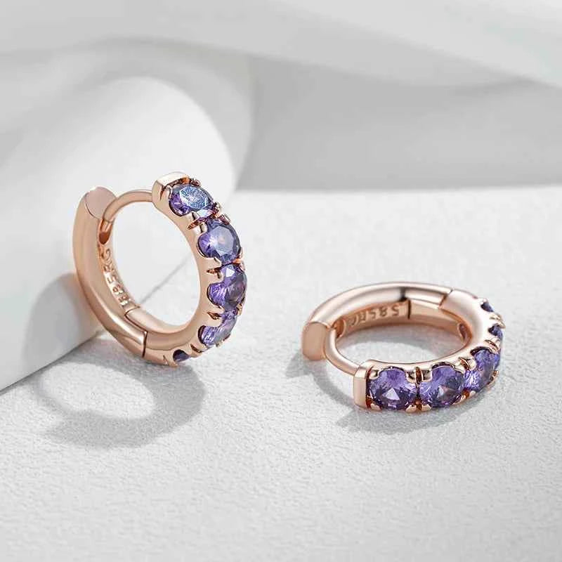 Rose Gold Purple Zircon Channel-Set Hoop Earrings