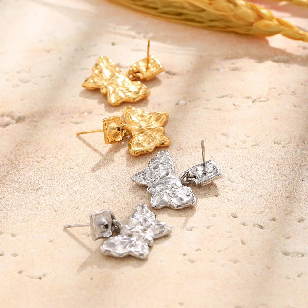 Hammered Butterfly Drop Stud Earrings - SEIYI