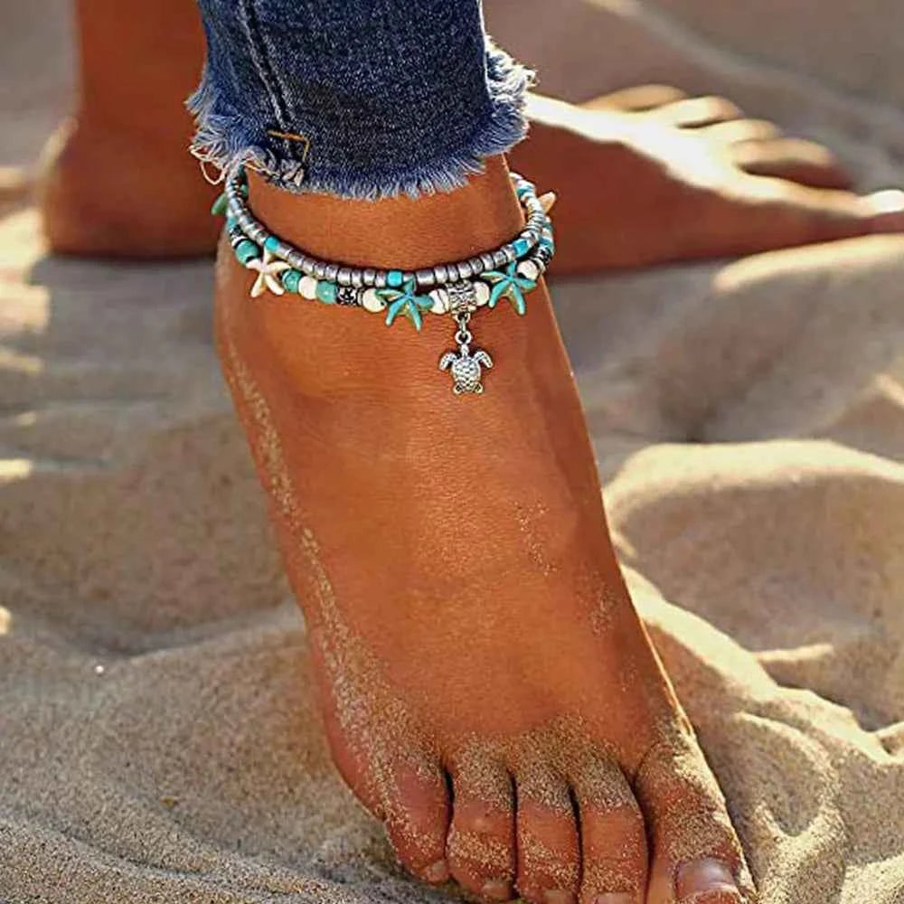 Bohemian Starfish and Turtle Beaded Anklet