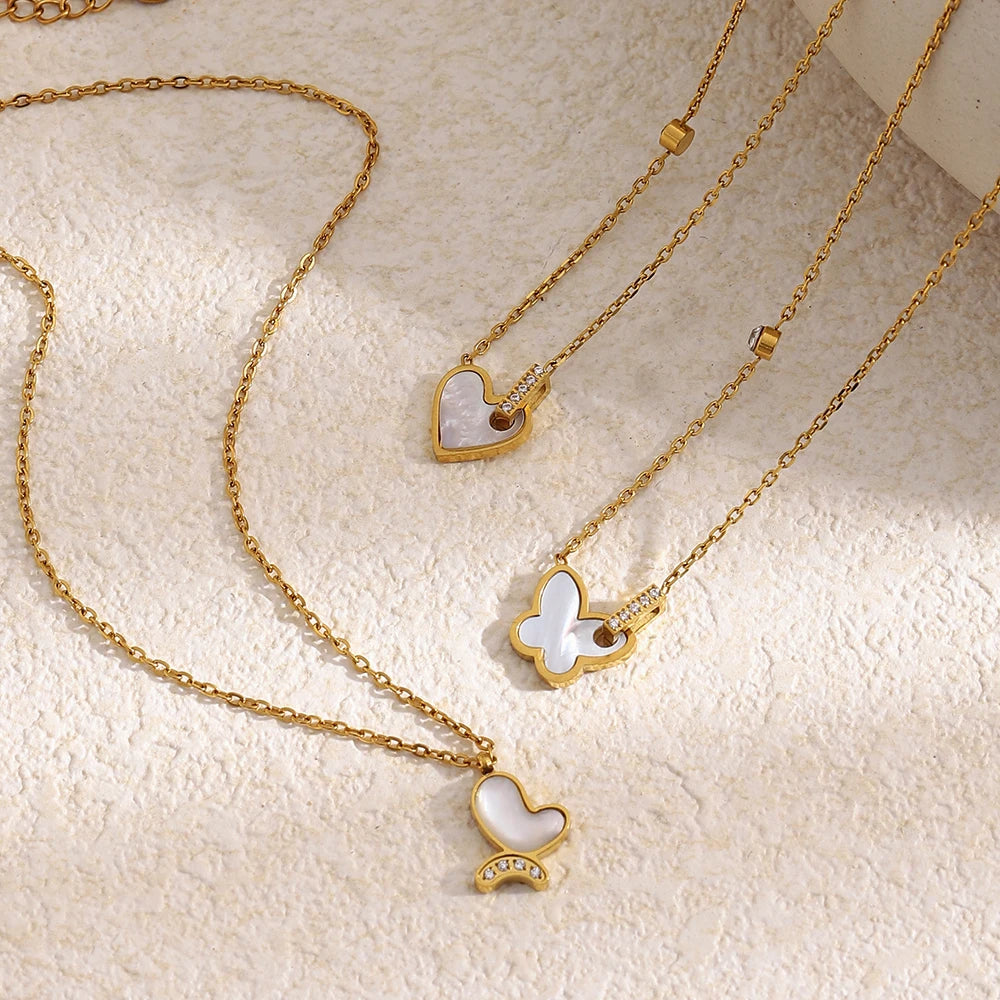 Shell Inlay Zircon Heart Butterfly Pendant Necklace - SEIYI