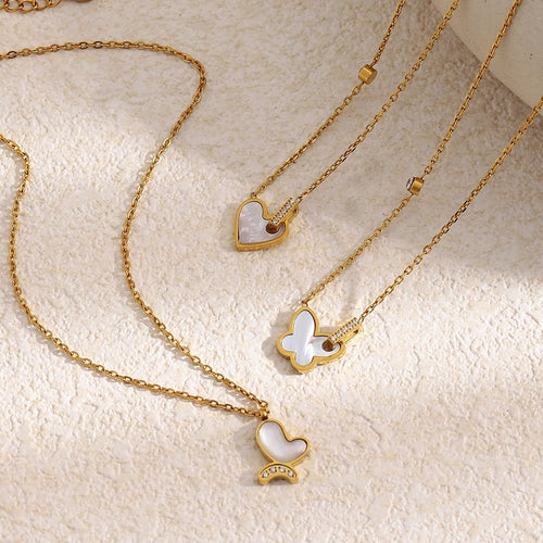 Shell Inlay Zircon Heart Butterfly Pendant Necklace - SEIYI