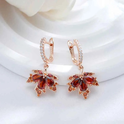 Rose Gold Red Zircon Maple Leaf Drop Earrings