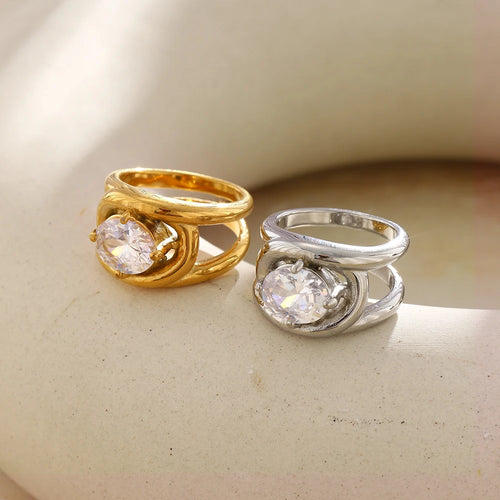 Double Band Oval Crystal Ring - SEIYI