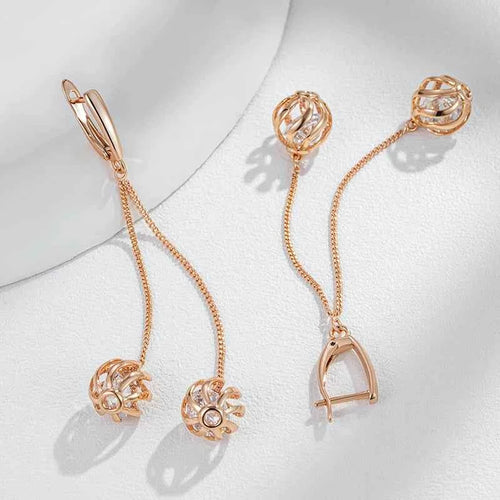 Rose Gold Caged Zircon Tassel Drop Earrings