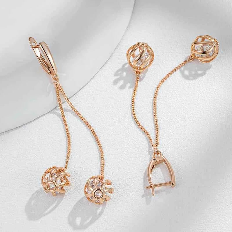 Rose Gold Caged Zircon Tassel Drop Earrings