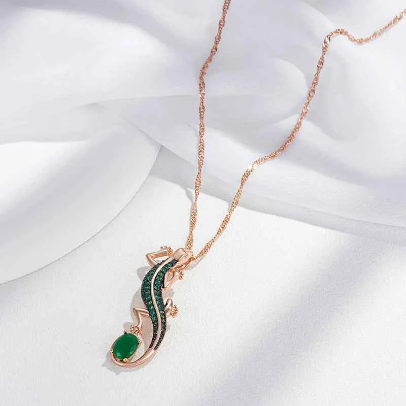 Rose Gold Green Zircon Lizard Pendant Necklace