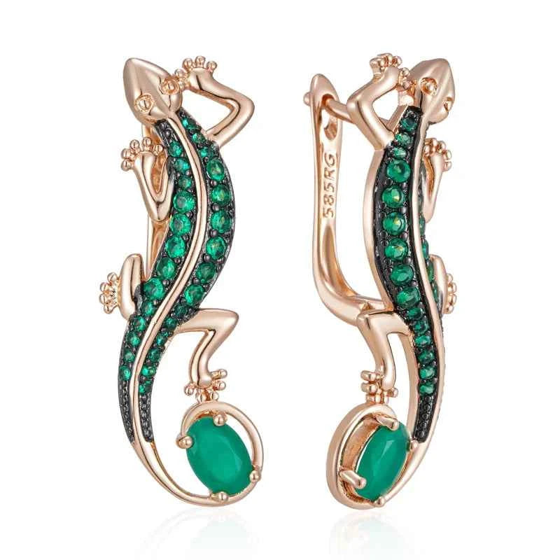 Rose Gold Green Zircon Lizard Drop Earrings
