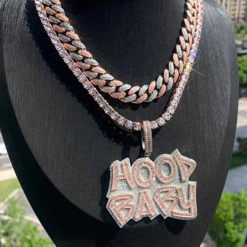 Iced Out Bling Letter Hood Baby Pendant Necklace