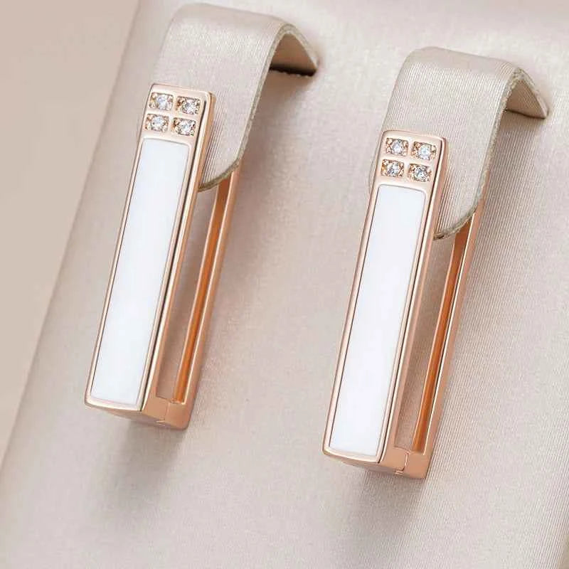 Rose Gold White Enamel Geometric Drop Earrings
