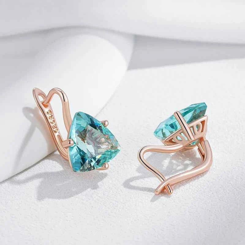 Rose Gold Light Blue Triangle Zircon Drop Earrings