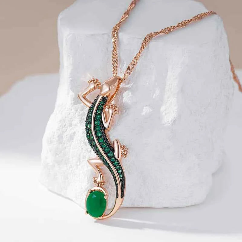 Rose Gold Green Zircon Lizard Pendant Necklace