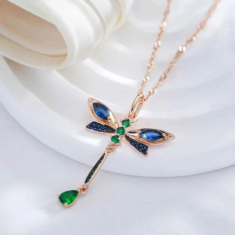 Rose Gold Dragonfly Multicolor Zircon Necklace