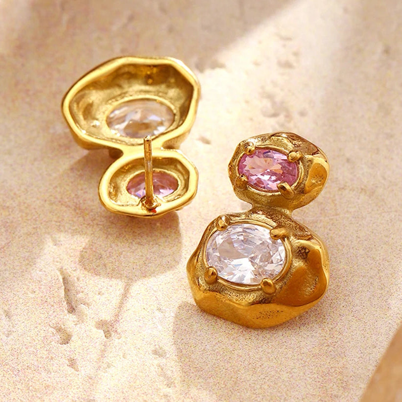 Dual Oval CZ Hammered Gold Stud Earrings - SEIYI