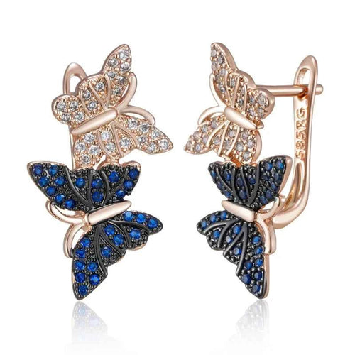 Rose Gold Blue & Clear Zircon Butterfly Drop Earrings