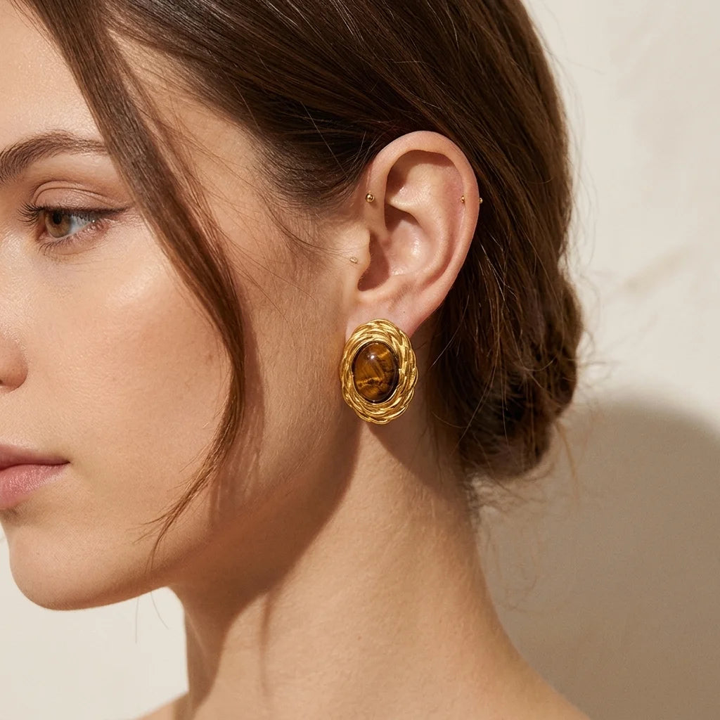 Twisted Frame Tiger's Eye Studs - SEIYI