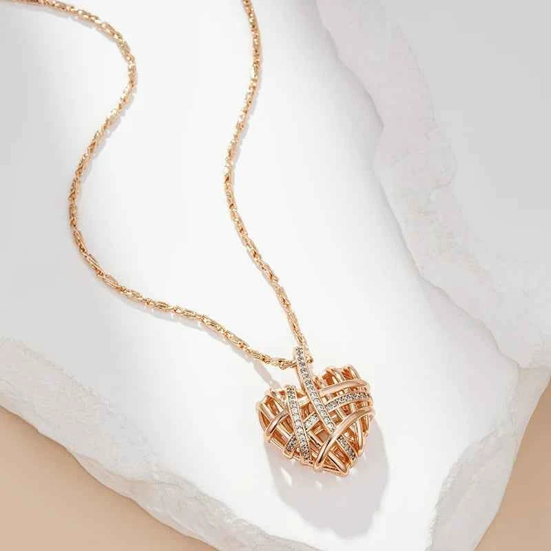Rose Gold Hollow Woven Heart Zircon Pendant Necklace