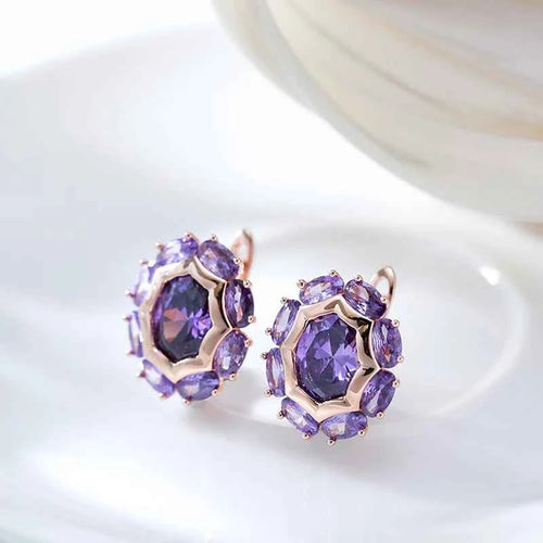 Rose Gold Purple Zircon Halo Stud Earrings