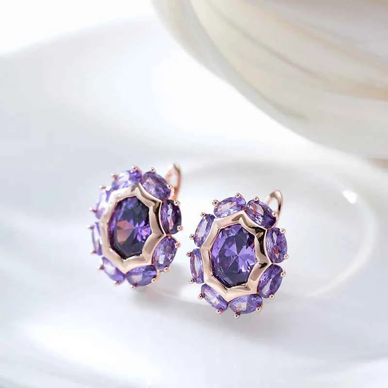 Rose Gold Purple Zircon Halo Stud Earrings