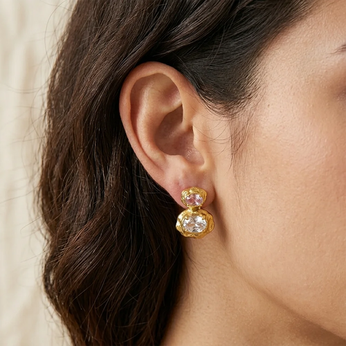 Dual Oval CZ Hammered Gold Stud Earrings - SEIYI