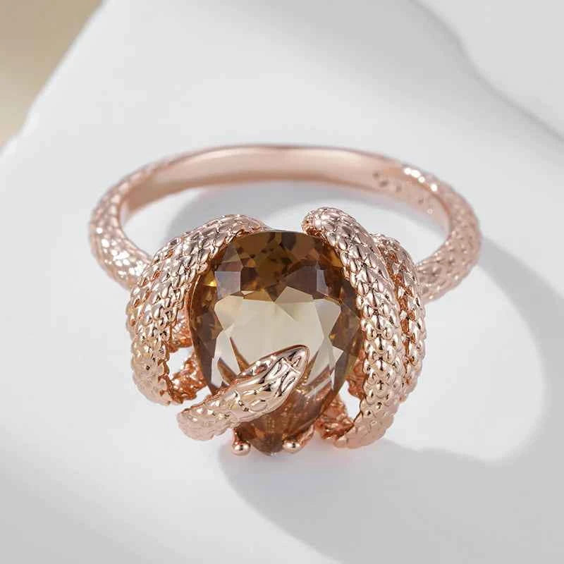 Snake-Encircled Brown Zircon Statement Ring