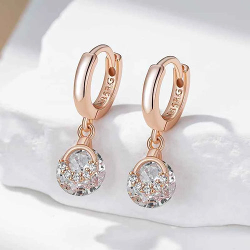 Rose Gold Clear Zircon Halo Drop Hoop Earrings