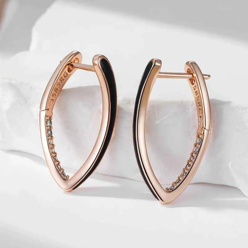 Rose Gold Black Enamel Zircon Hoop Earrings