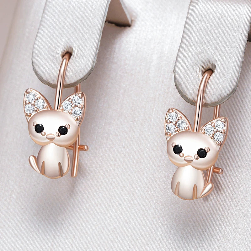 Rose Gold Cute Cat Zircon Drop Earrings