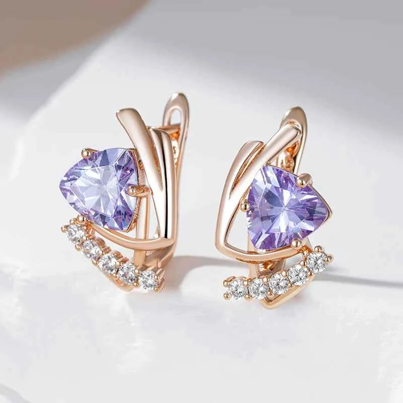 Rose Gold Purple Zircon Triangle Drop Earrings