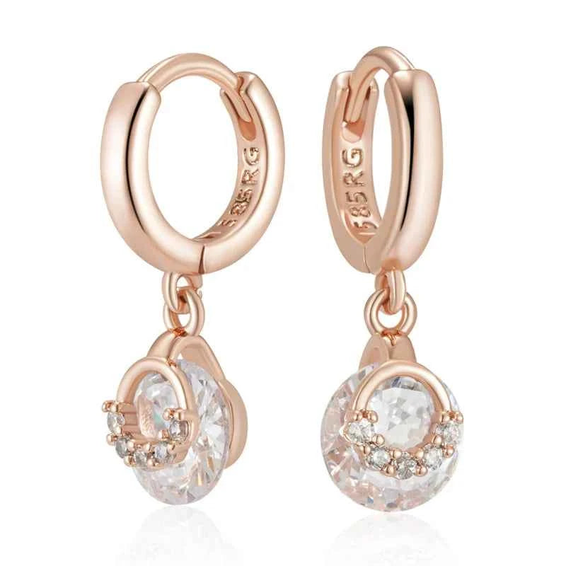 Rose Gold Clear Zircon Halo Drop Hoop Earrings