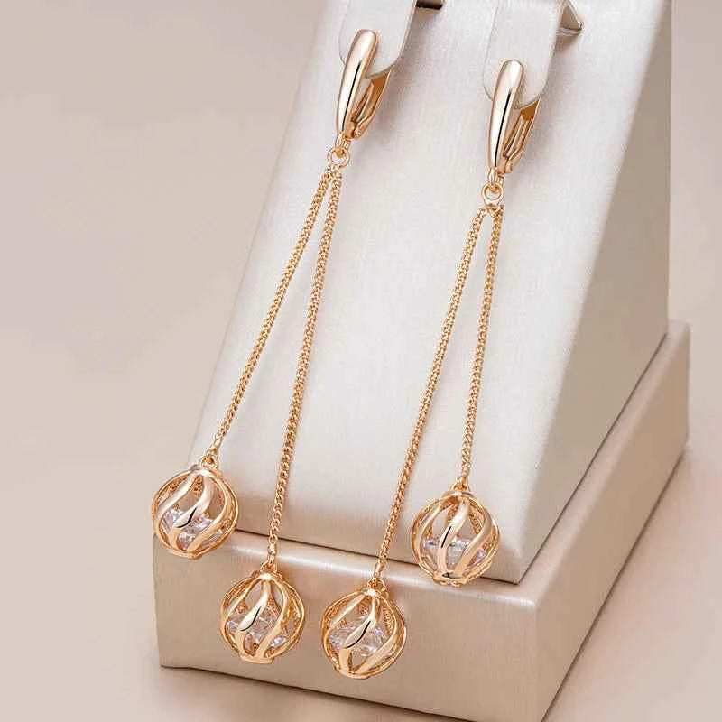 Rose Gold Caged Zircon Tassel Drop Earrings