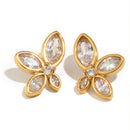 Marquise CZ four petal flower stud earrings in gold, bezel-set crystal floral studs, white background
