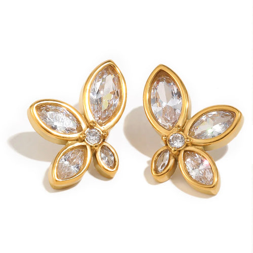 Marquise CZ four petal flower stud earrings in gold, bezel-set crystal floral studs, white background
