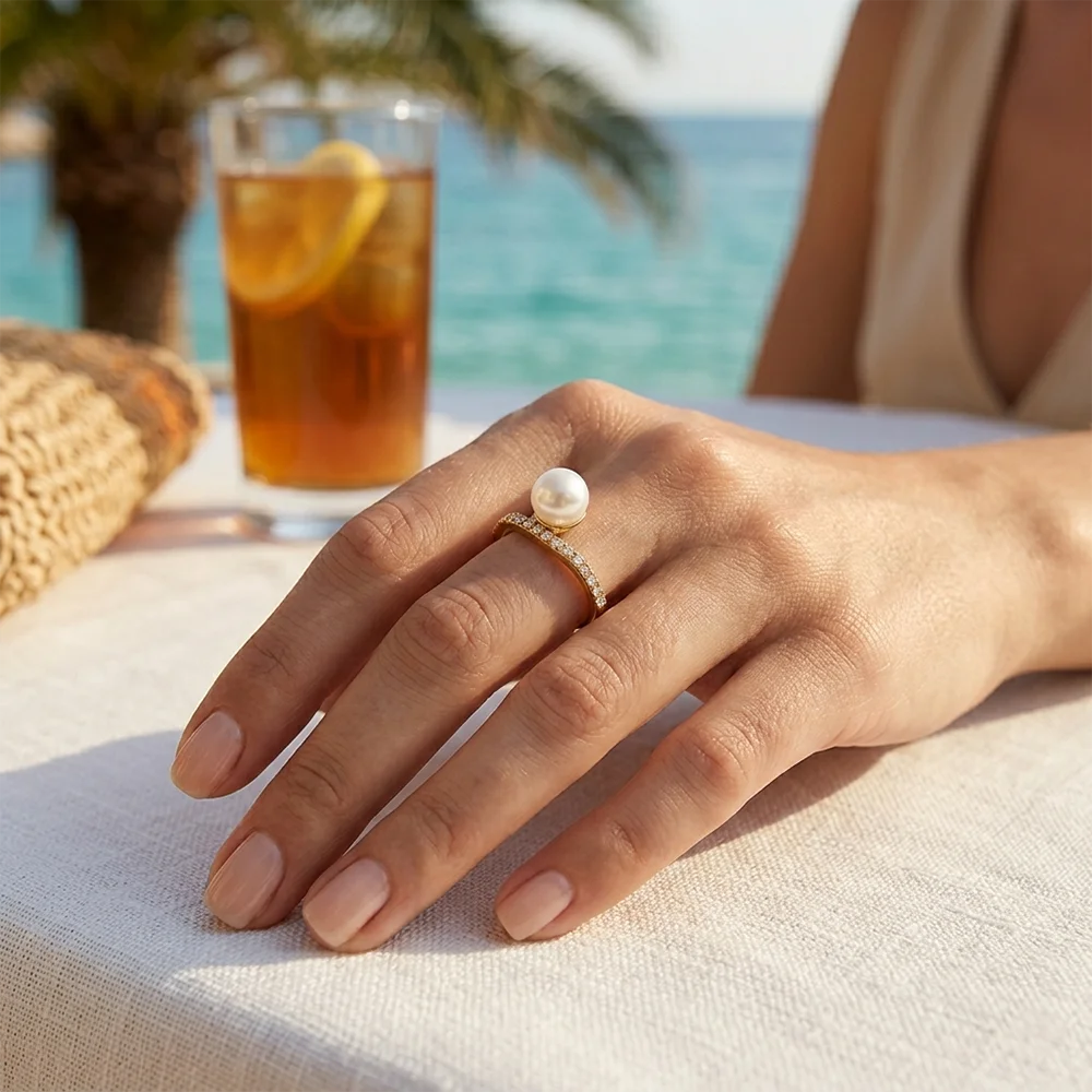 Pavé Band Pearl Stacking Ring - SEIYI