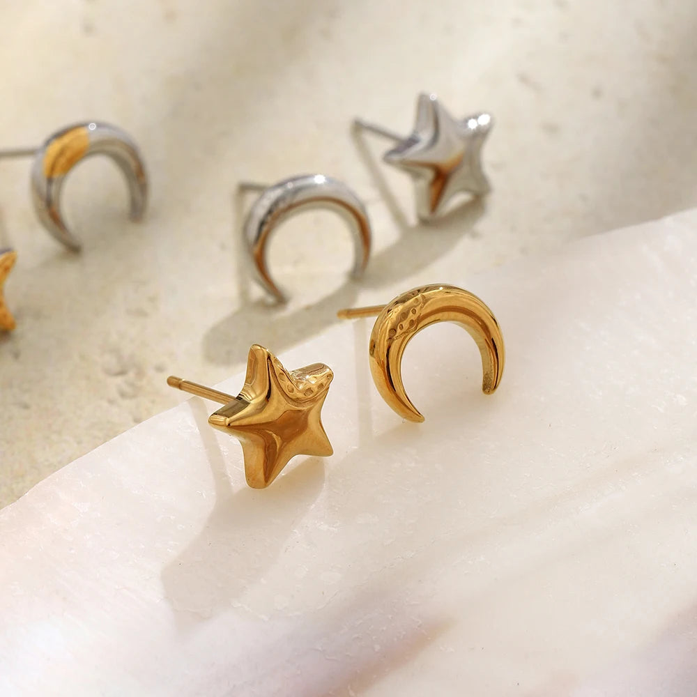 Asymmetrical Star Moon Stud Earrings - SEIYI